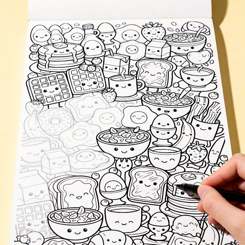 Food And Snacks Coloring Book - 성인용 감압 및 명상용 손그림 색칠책,