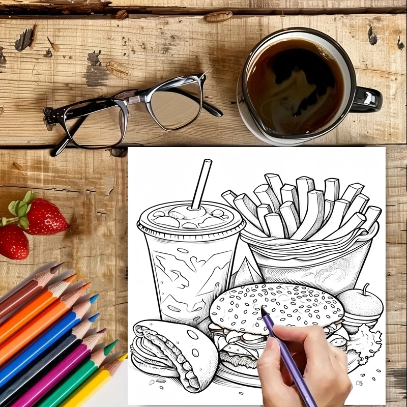 성인을 위한 패스트푸드 색칠책, 귀여운 그림 페이지,  - Food And Snacks Coloring Book 리뷰 및 가격